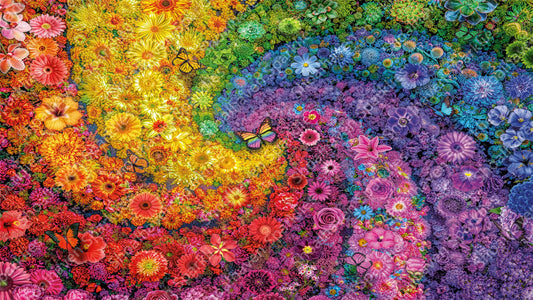 A swirl of flowers in rainbow colours