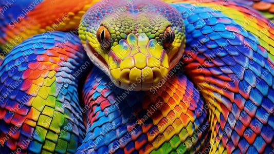 A colourful snake with red, green, blue, orange and yellow tones