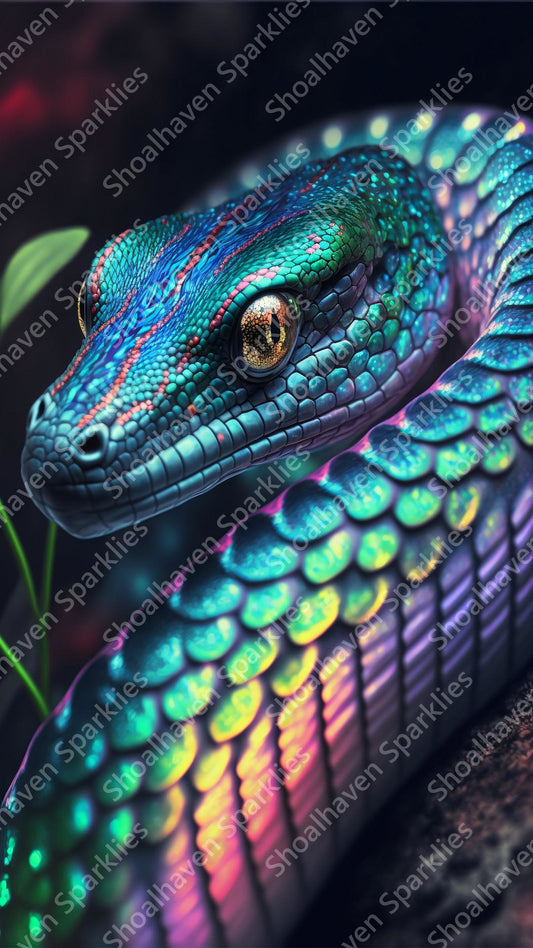 A green snake with a luminous pattern of colours on it