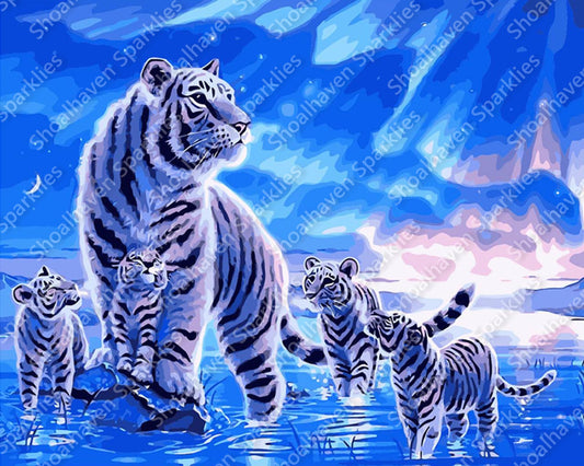A family of white snow tigers in tones of blue and white