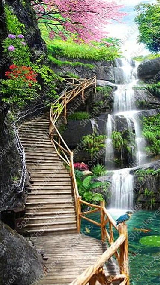 Stairs next to a shimmering waterfall