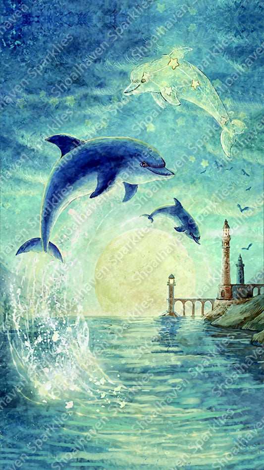Dolphins leaping out of the water mirrored by a sky dolphin with the stars in it