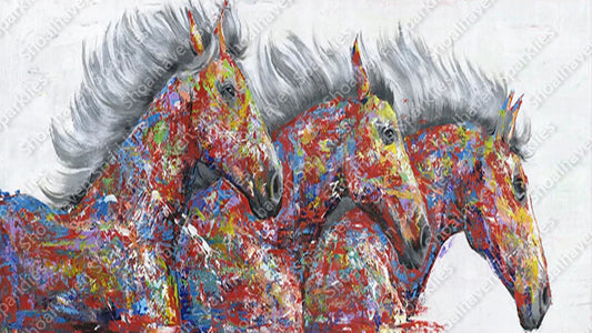 Three horses rendered in a myriad of colours