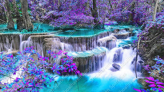 Waterfalls with bright blue water and purple foliage
