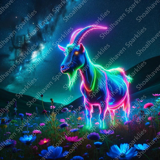 In a field of glowing wildflowers stands a luminous goat glowing in the dark