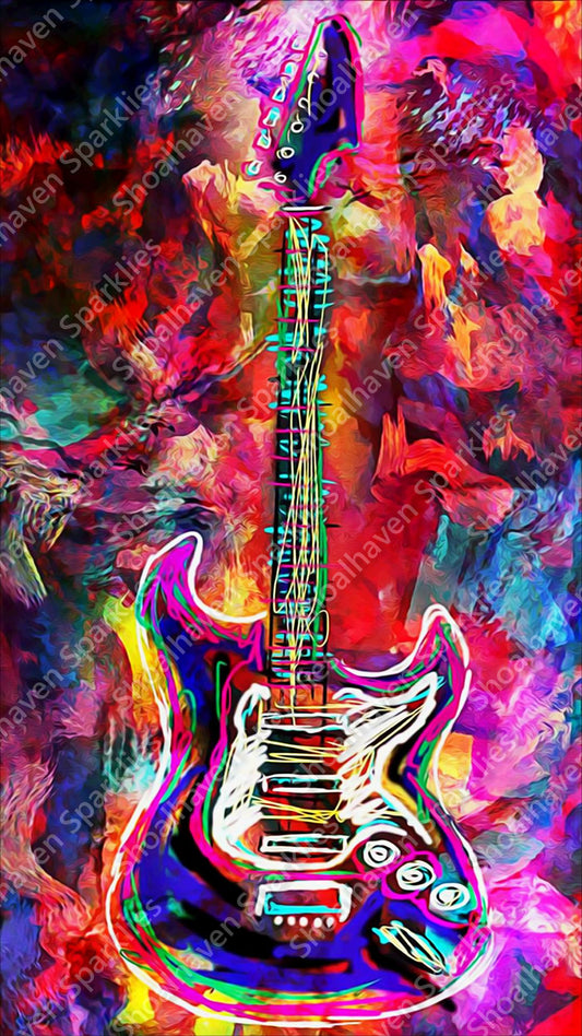A guitar in a neon tapestry of colours