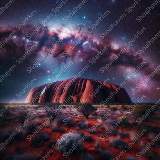 A stunning nocturnal landscape featuring Uluru, the majestic sandstone rock formation in the heart of Australia's Red Centre.