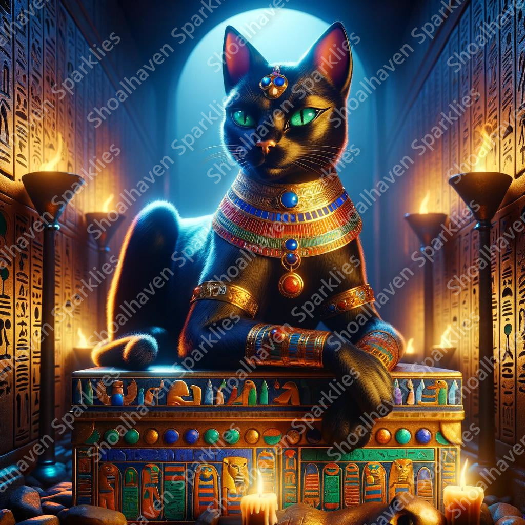 Bast the Egyptian cat goddess atop a sarcophagus