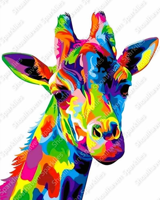 A rainbow giraffe with a white background