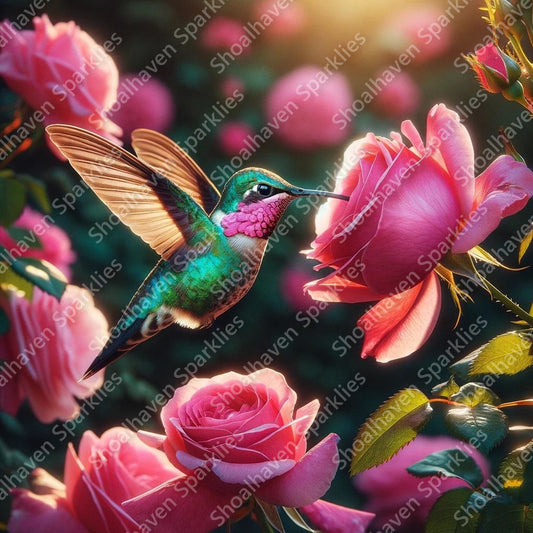 a vibrant, iridescent hummingbird in mid-flight, captured in a more intimate scene amid a garden of pink roses. 
