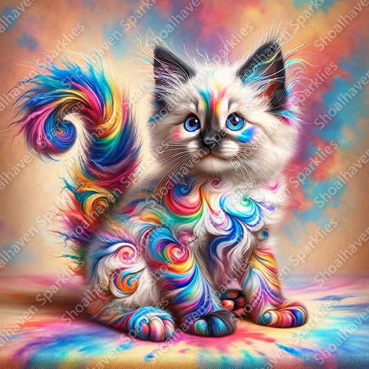A delightful and imaginative scene featuring a Siamese kitten with a twist_ its fur is tie-dyed in an array of vibrant colors. 
