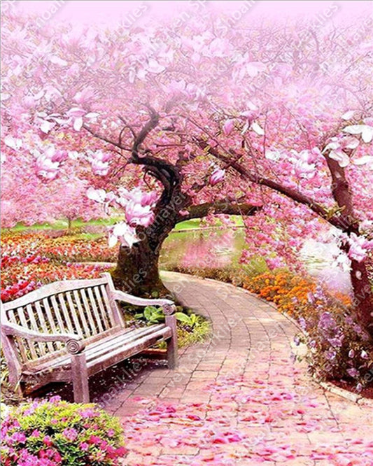 There is a bench placed on a pathway which meanders through trees with pink blossoms 