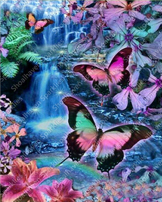 Fantasy scene in teal, pink and purple of a waterfall and butterflies