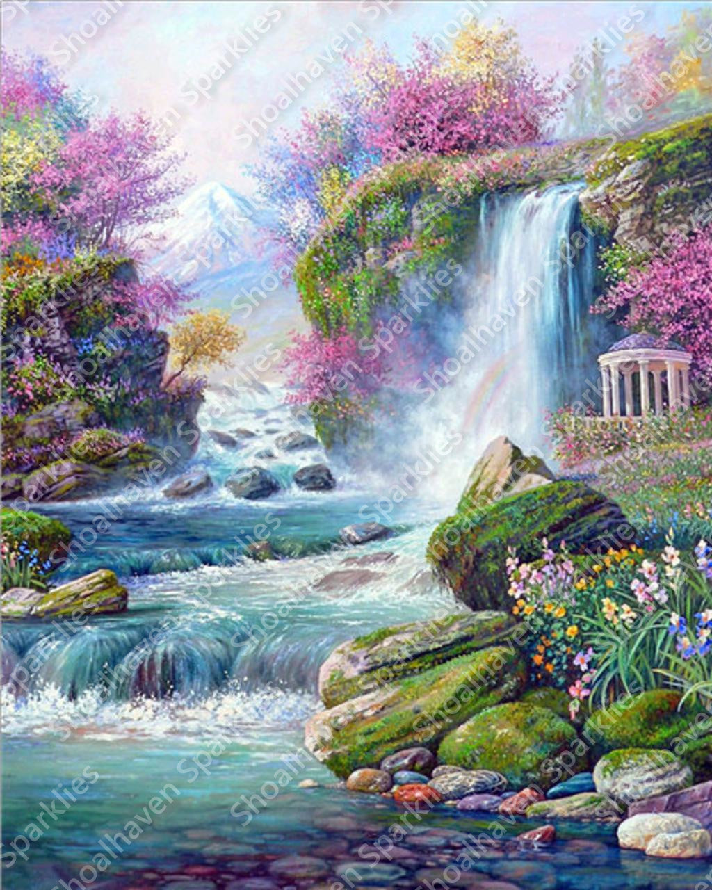 Magical waterfalls through a purple dotted foliage landscape