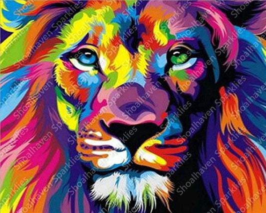 Colourful rainbow closeup of a lion