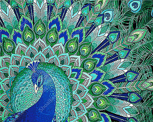 Detailed peacock depiction in shades of cobalt blue, green and teal