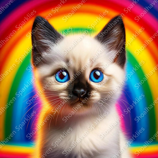A delightful image of a Siamese kitten, its striking blue eyes wide with curiosity, set against a vibrant rainbow backdrop