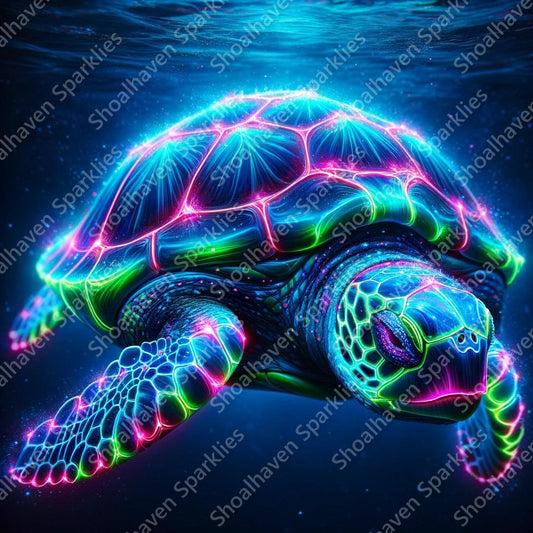 A captivating image of a turtle, its shell glowing with an array of neon lights in brilliant hues of blue, green, and pink