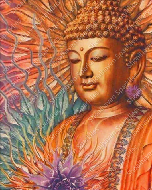 Depiction of a buddha with a fantasy flower background