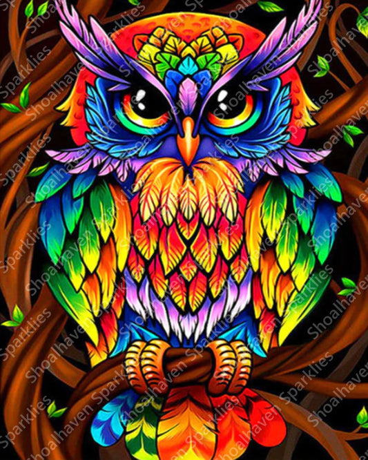 Brightly coloured owl sits in a tangle of brown branches