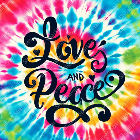 The text Love & Peace in black on top of a vibrant tie-dye background featuring a swirl of colors such as blue, pink, yellow, and green.