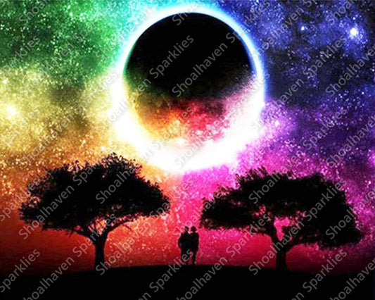 A colourful scene of an eclipse