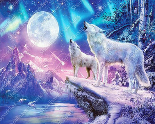 Two wolves howl at the moon with the northern lights and the moon