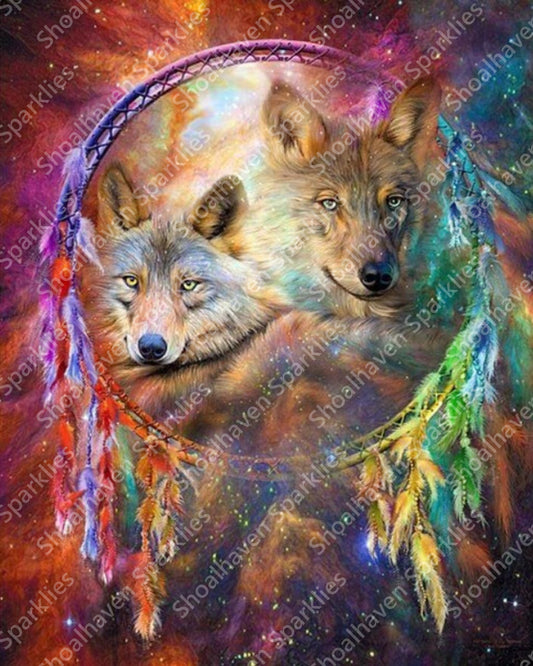 Two wolves sit in a colourful dreamcatcher