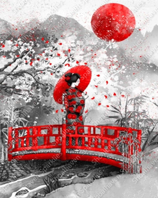 Geisha standing on a red bridge