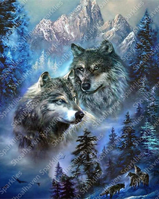 Two wolves surrounded by icy blue landscape