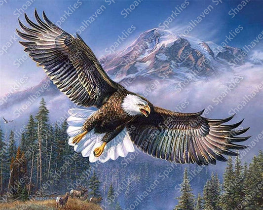 An eagle flies across a landscape of mountains