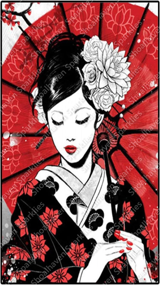 A delicate Geisha holds a red umbrella