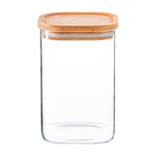 Argon Tableware Square Glass Storage Jar with Acacia Wooden Lid - 1.1 Litre